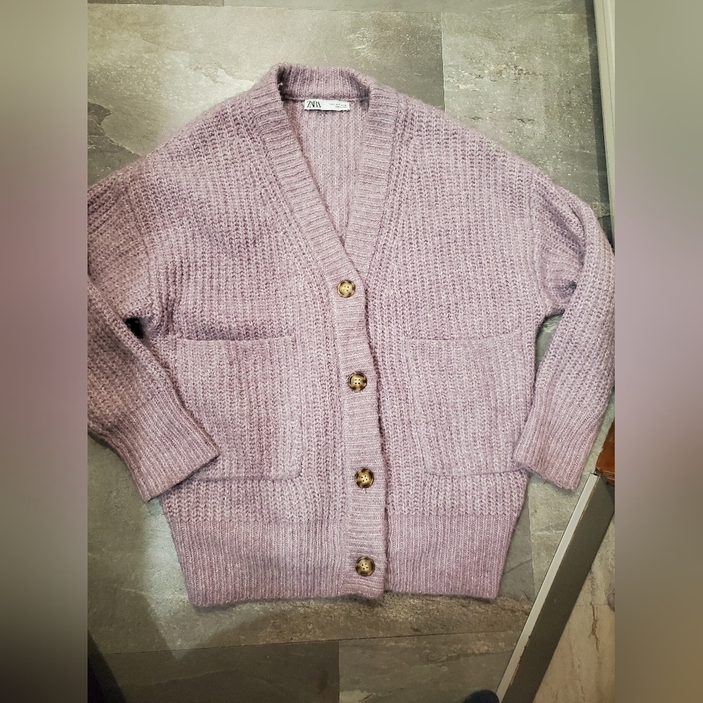 Zara Chunky Heathered Lavender Knit Sweater Cardigan. Oversized S. Alpaga. Wool.